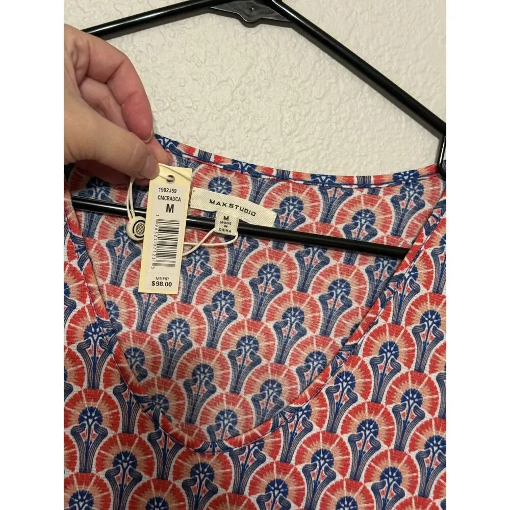 Max Studio Orange/Red and Blue Printed, Tiered‎ Dress – Women's Size M (NWT) - Picture 2 of 3